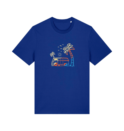 blue graphic t-shirt with a picture of a campervan and palm tee