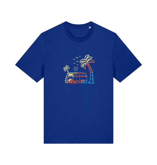 blue graphic t-shirt with a picture of a campervan and palm tee