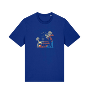 blue graphic t-shirt with a picture of a campervan and palm tee