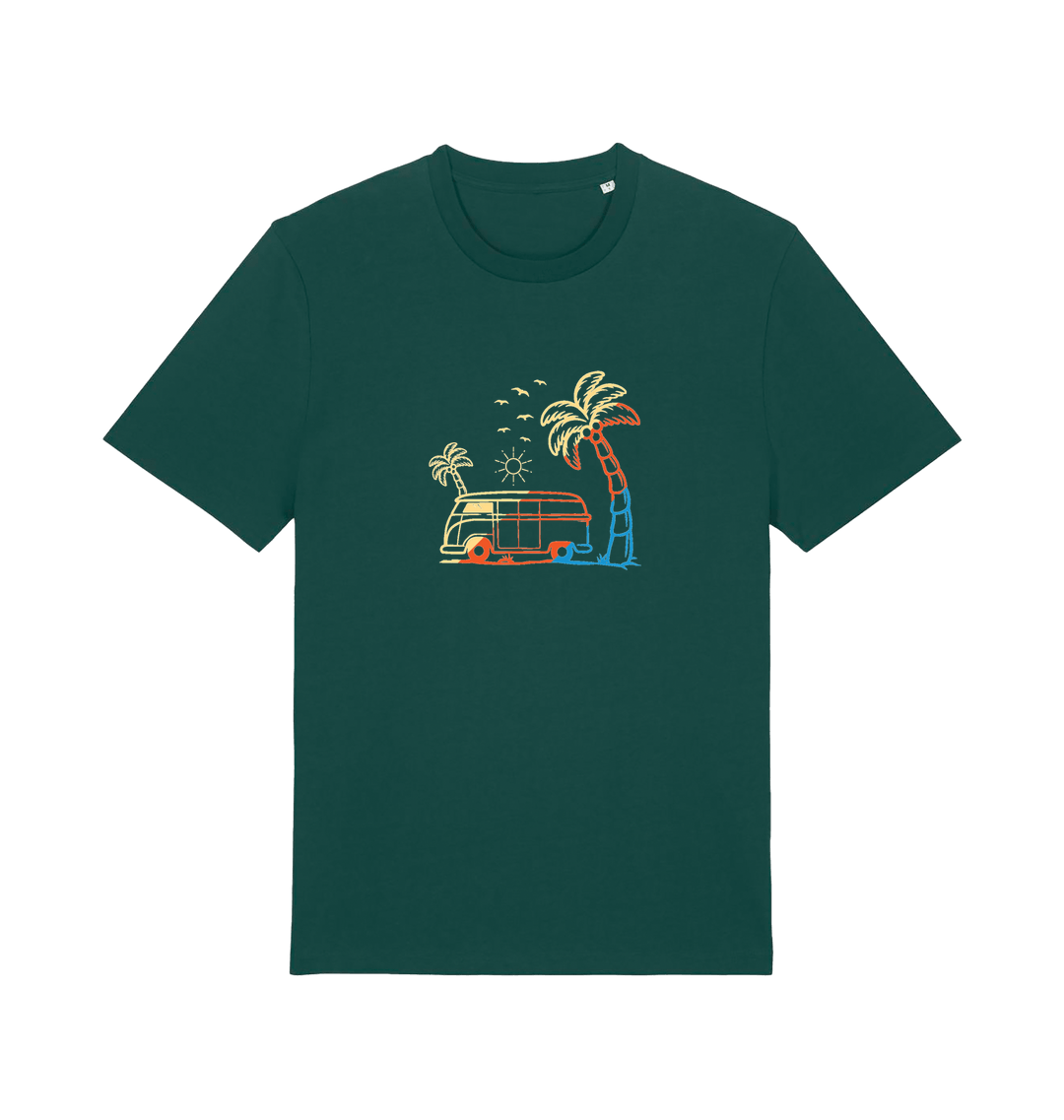 green graphic t-shirt with a picture of a campervan and palm tee