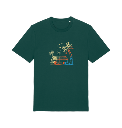 green graphic t-shirt with a picture of a campervan and palm tee