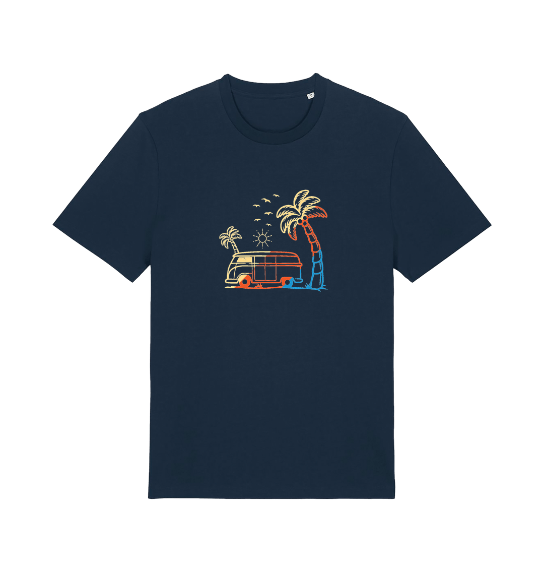 navy graphic t-shirt with a picture of a campervan and palm tee