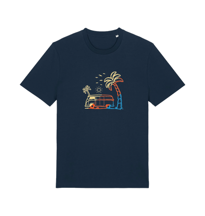 navy graphic t-shirt with a picture of a campervan and palm tee