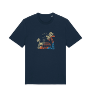 navy graphic t-shirt with a picture of a campervan and palm tee