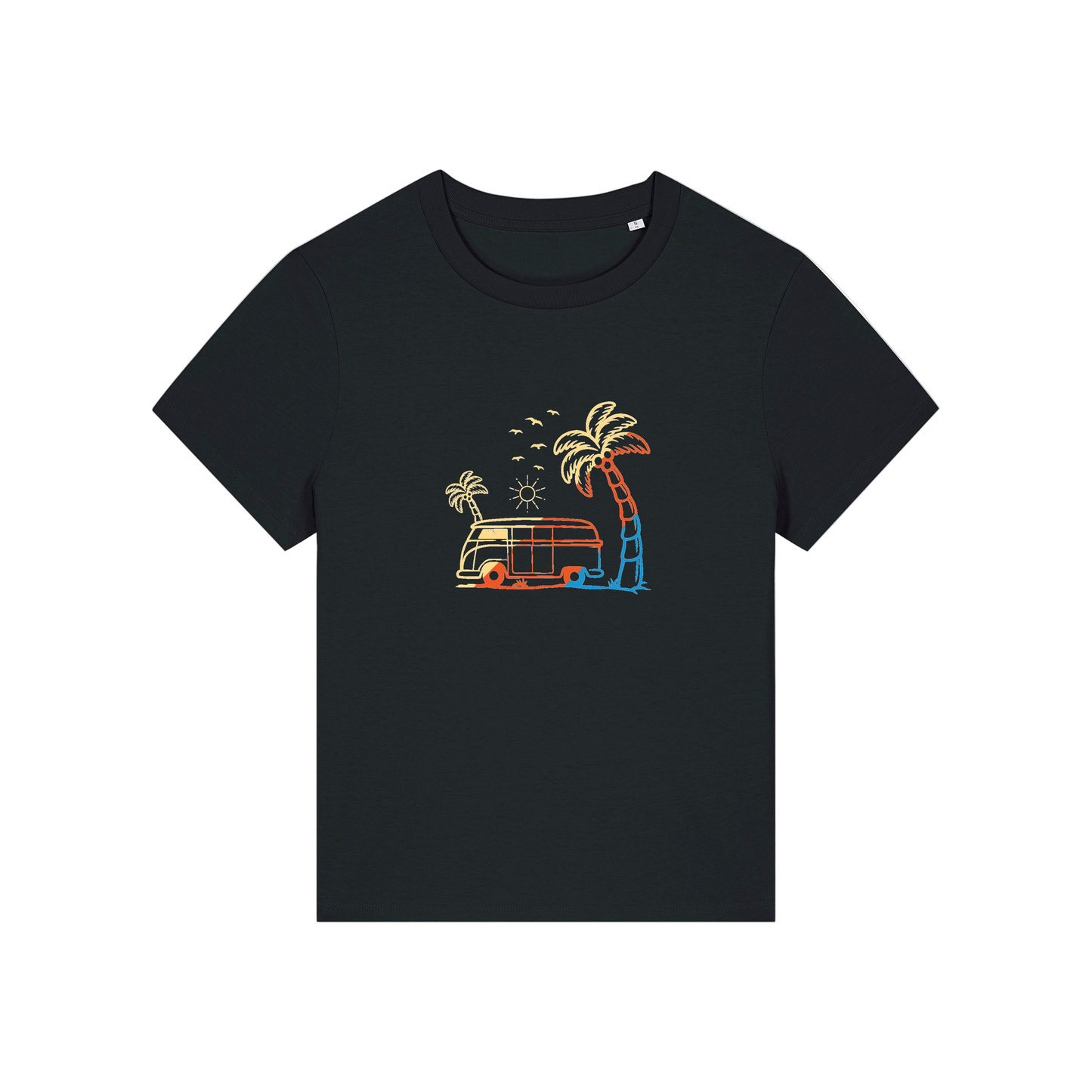 black graphic t-shirt with a campervan and palm tree