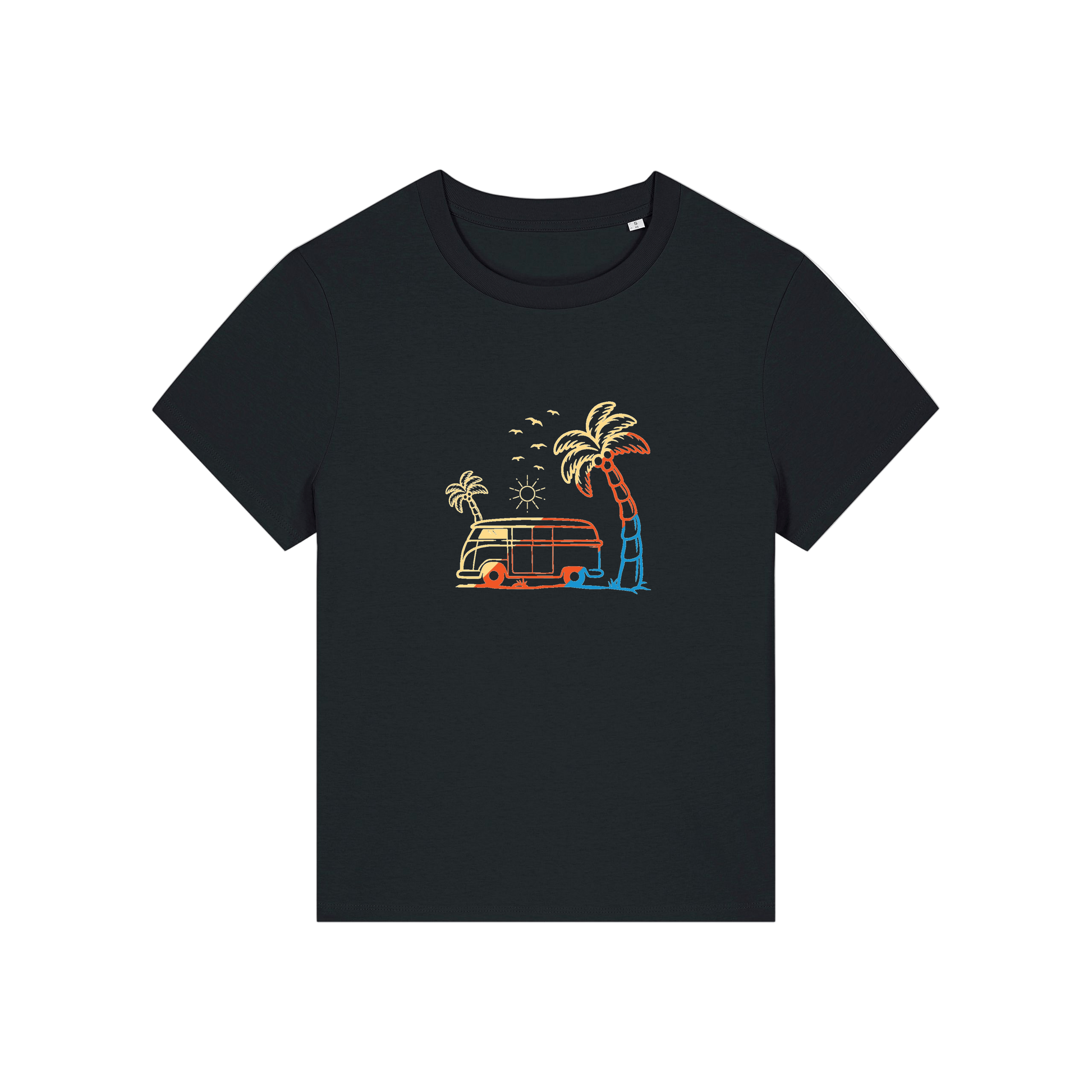 black graphic t-shirt with a campervan and palm tree