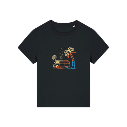 black graphic t-shirt with a campervan and palm tree