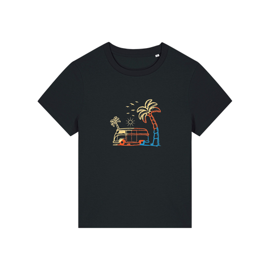 black graphic t-shirt with a campervan and palm tree