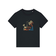 black graphic t-shirt with a campervan and palm tree
