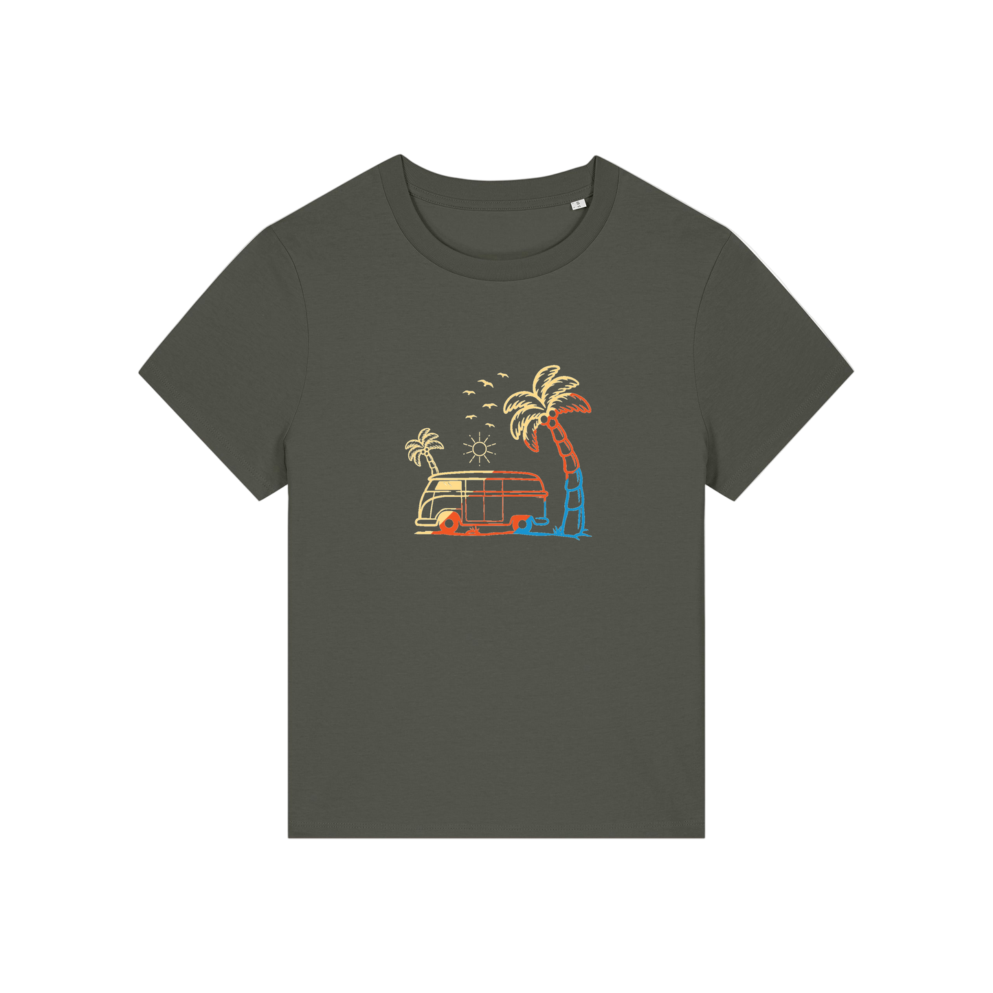 khaki graphic t-shirt with a campervan and palm tree