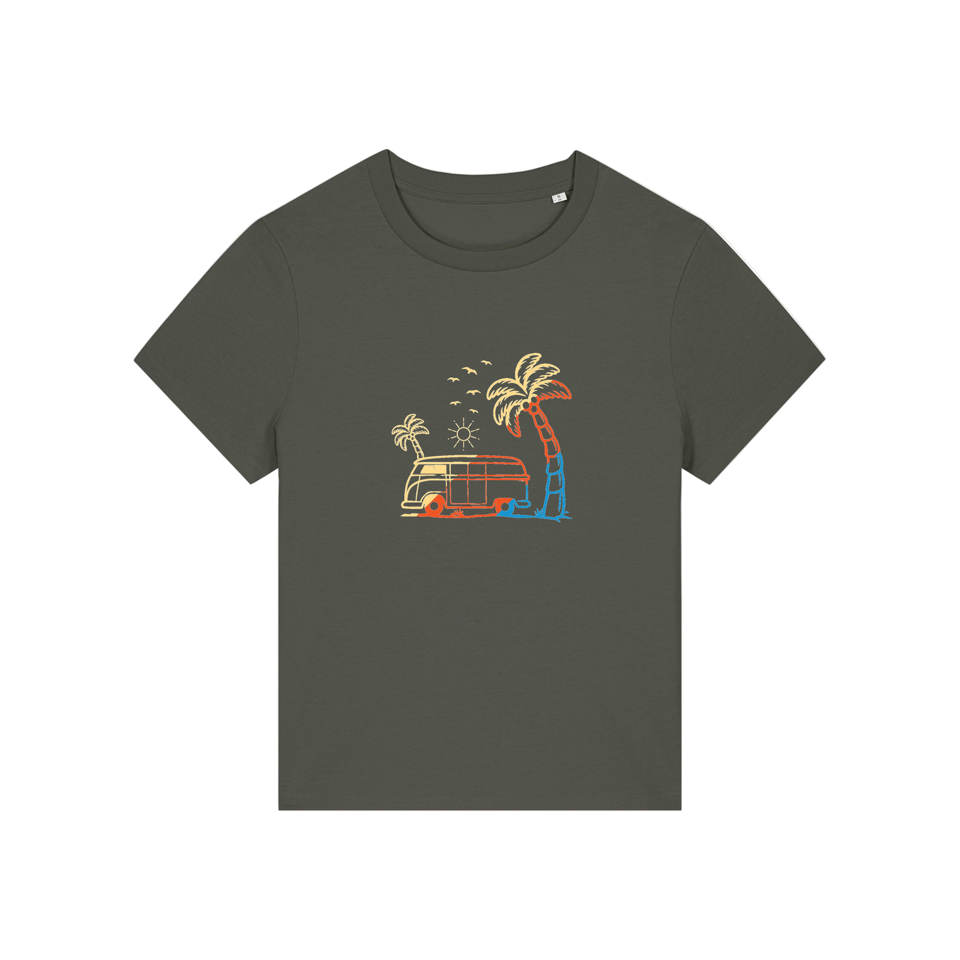 khaki graphic t-shirt with a campervan and palm tree