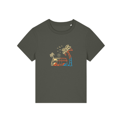 khaki graphic t-shirt with a campervan and palm tree