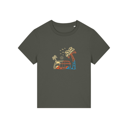 khaki graphic t-shirt with a campervan and palm tree