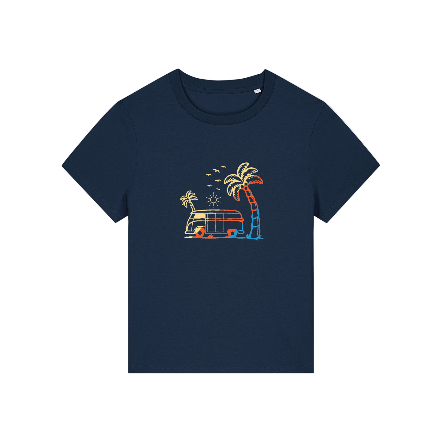 navy graphic t-shirt with a campervan and palm tree