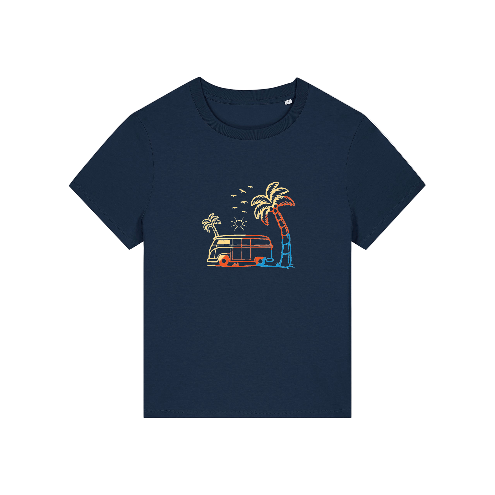navy graphic t-shirt with a campervan and palm tree