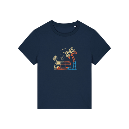 navy graphic t-shirt with a campervan and palm tree