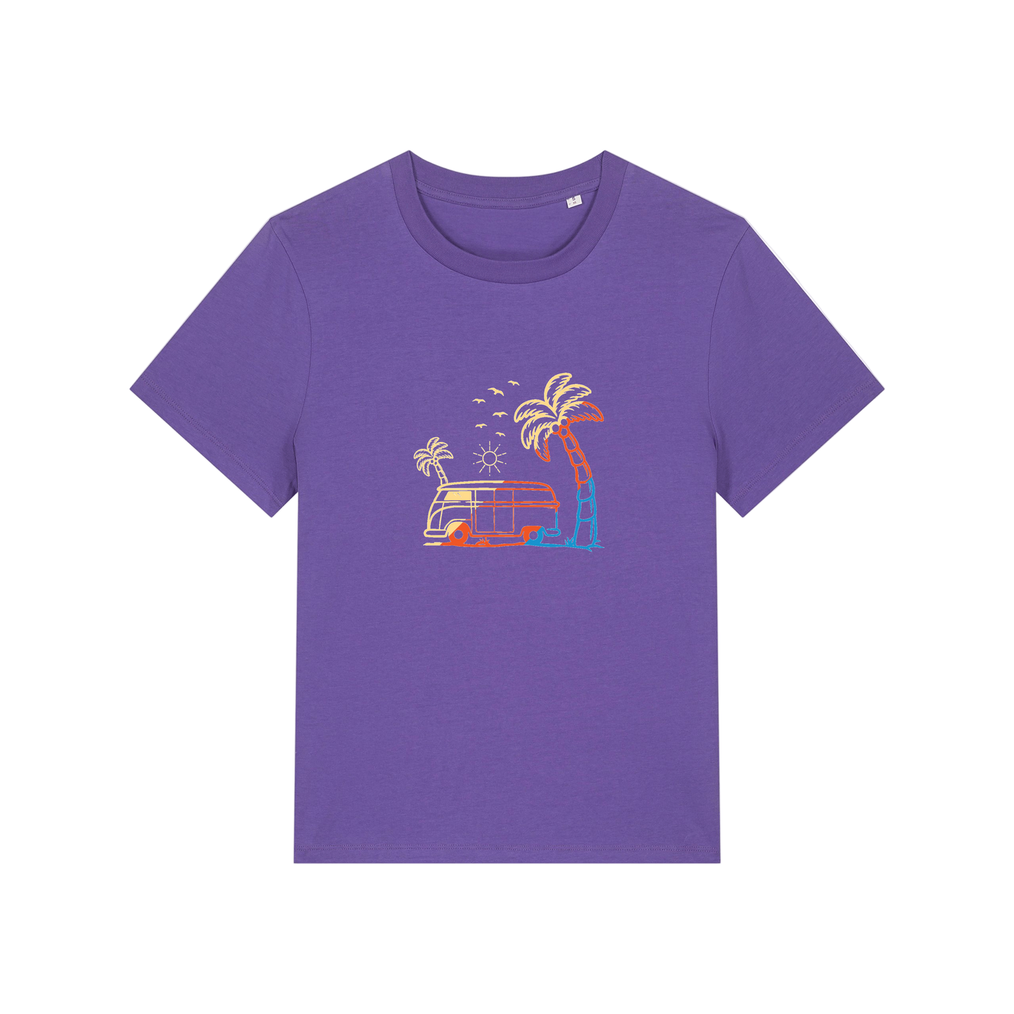 purple graphic t-shirt with a campervan and palm tree