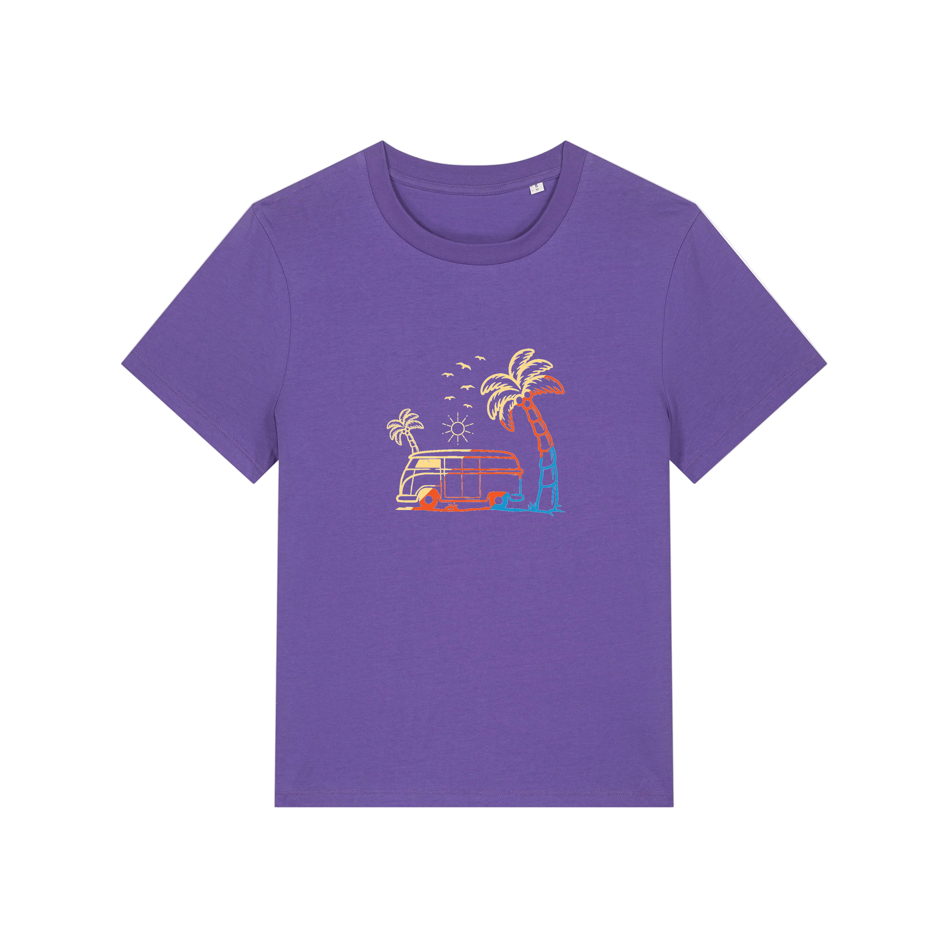 purple graphic t-shirt with a campervan and palm tree