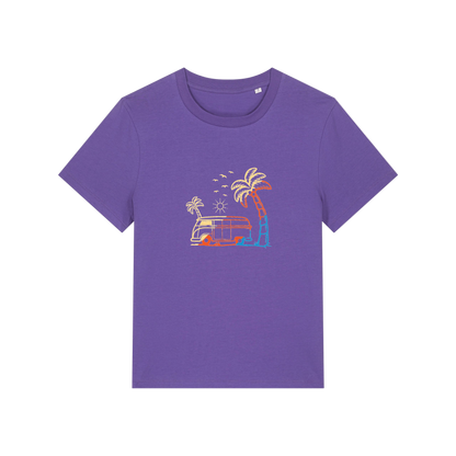 purple graphic t-shirt with a campervan and palm tree