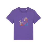 purple graphic t-shirt with a campervan and palm tree