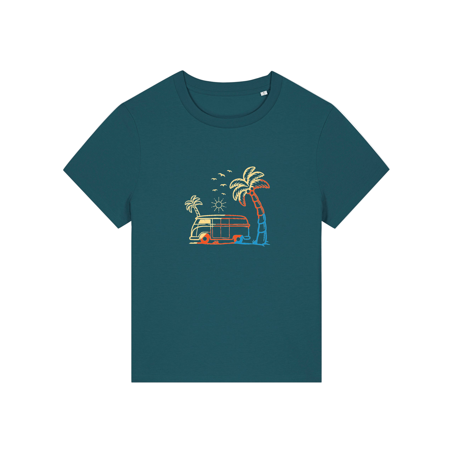 teal graphic t-shirt with a campervan and palm tree