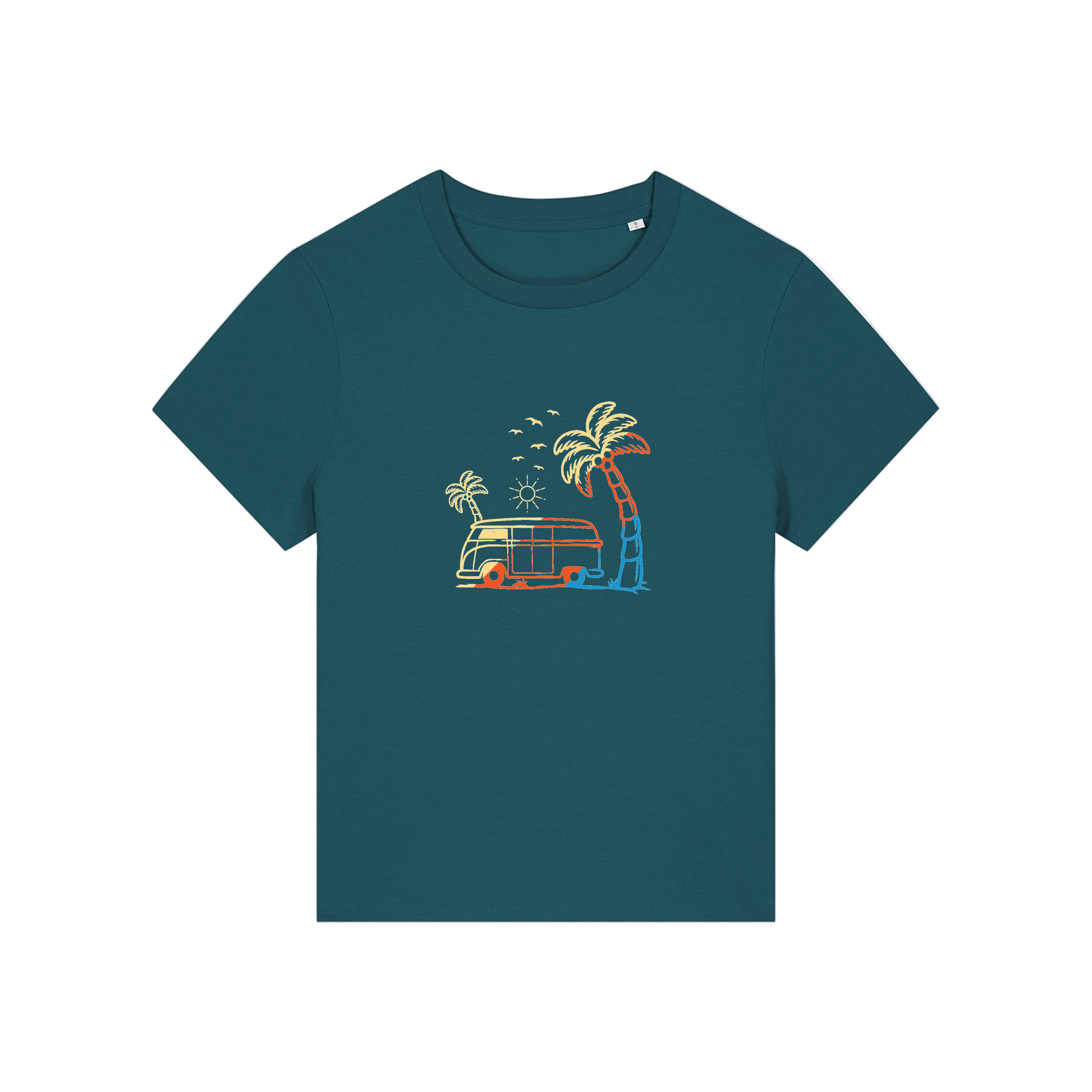 teal graphic t-shirt with a campervan and palm tree