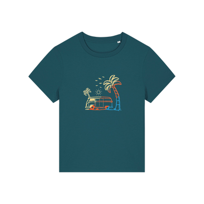 teal graphic t-shirt with a campervan and palm tree