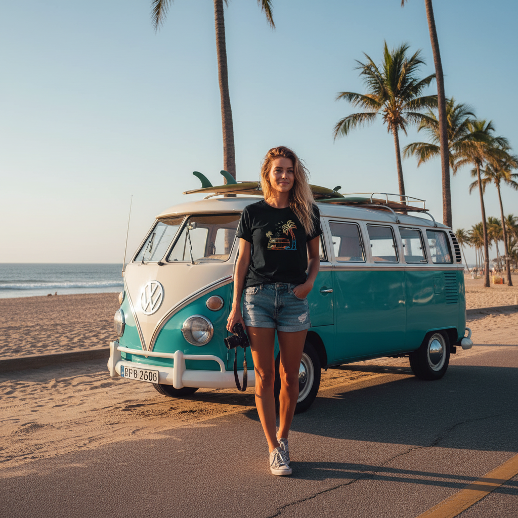 Woman walking on a beach with a turquoise Volkswagen van and surfboard.