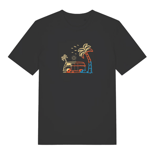 black graphic t-shirt with a campervan and a palm tree design