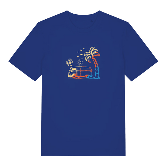 blue graphic t-shirt with a campervan and a palm tree design