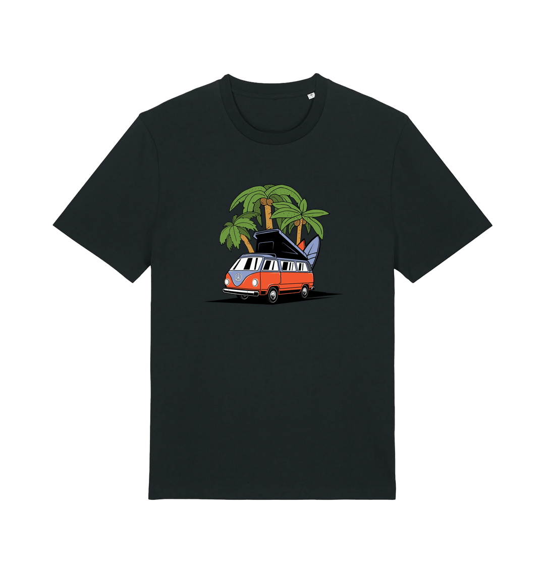 black novelty t-shirt with the graphic of a campervan and a surf board
