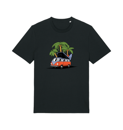 black novelty t-shirt with the graphic of a campervan and a surf board