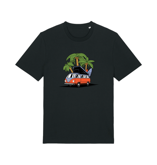 black novelty t-shirt with the graphic of a campervan and a surf board