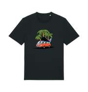 black novelty t-shirt with the graphic of a campervan and a surf board