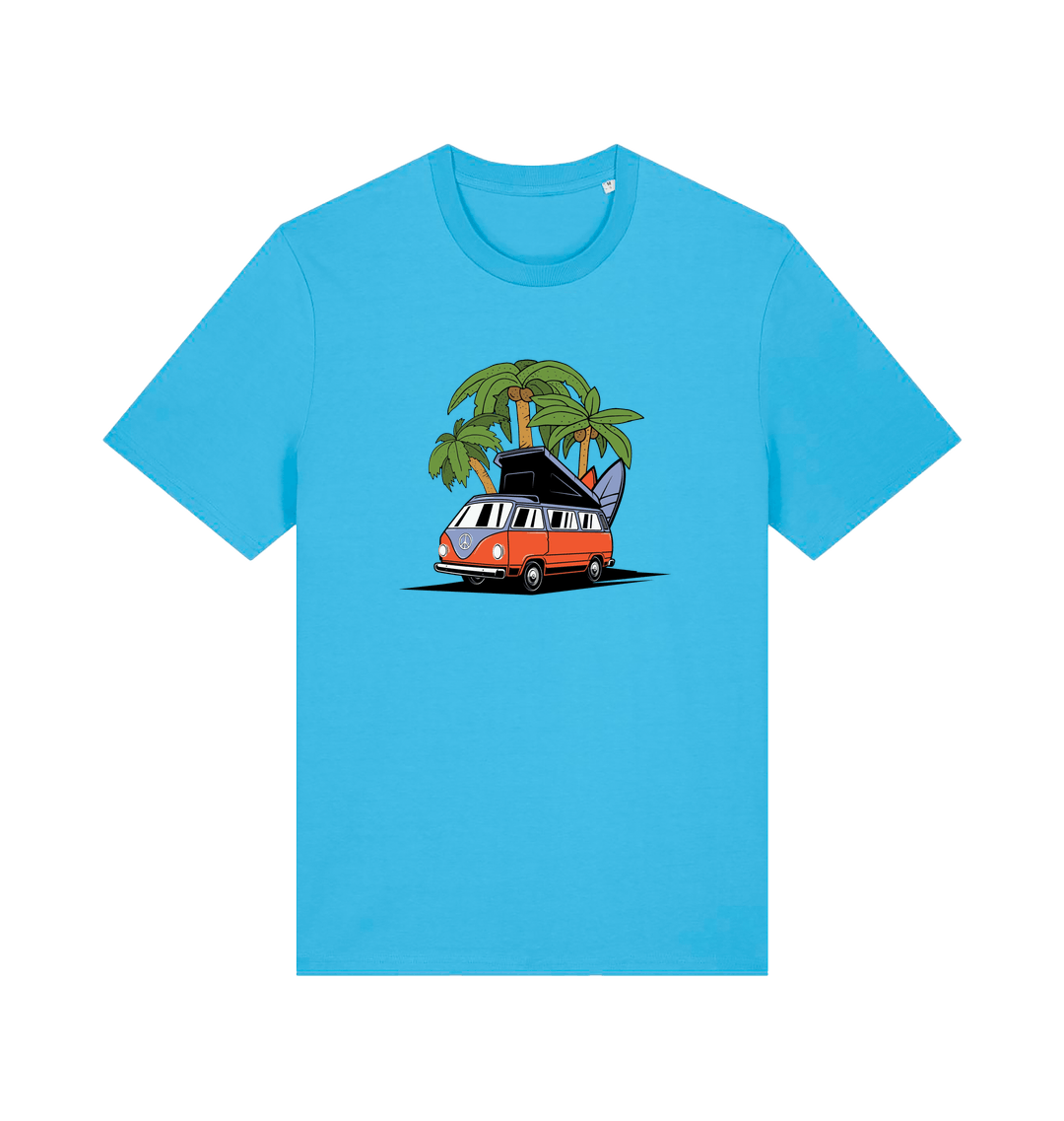 blue novelty t-shirt with the graphic of a campervan and a surf board