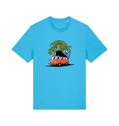 blue novelty t-shirt with the graphic of a campervan and a surf board