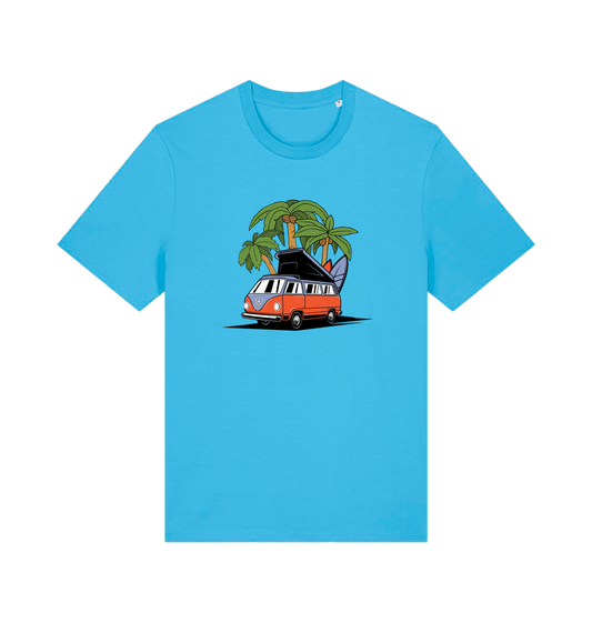 blue novelty t-shirt with the graphic of a campervan and a surf board