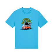 blue novelty t-shirt with the graphic of a campervan and a surf board