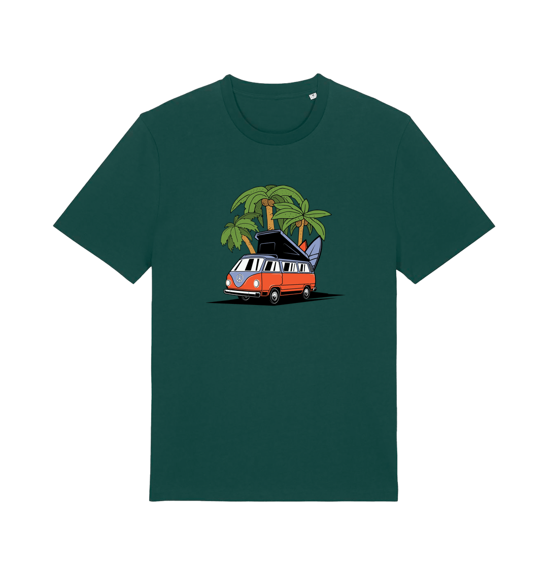 green novelty t-shirt with the graphic of a campervan and a surf board