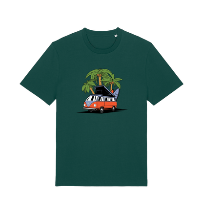 green novelty t-shirt with the graphic of a campervan and a surf board
