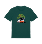 green novelty t-shirt with the graphic of a campervan and a surf board
