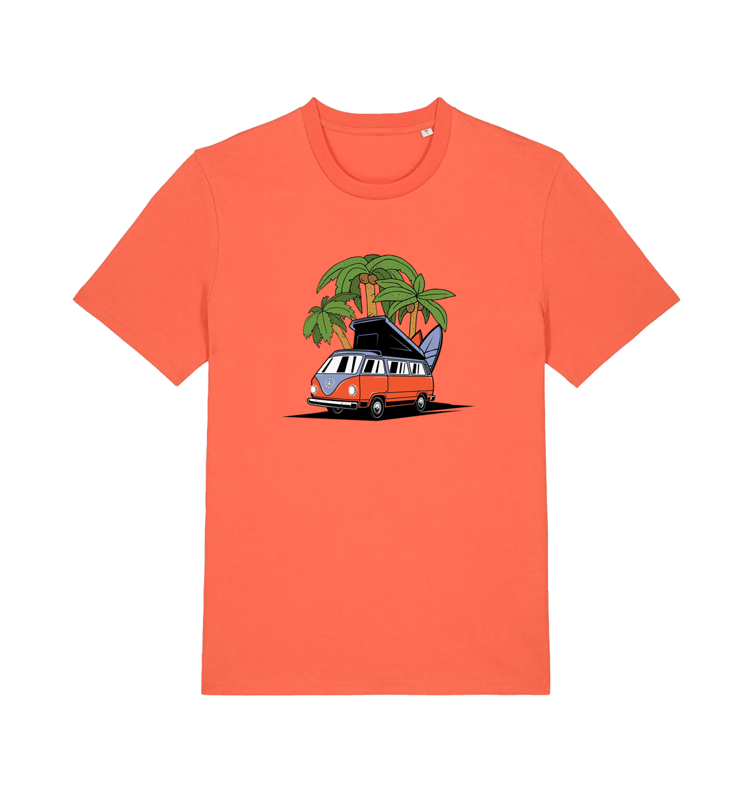 orange novelty t-shirt with the graphic of a campervan and a surf board