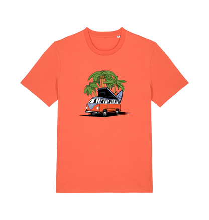 orange novelty t-shirt with the graphic of a campervan and a surf board