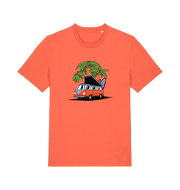 orange novelty t-shirt with the graphic of a campervan and a surf board