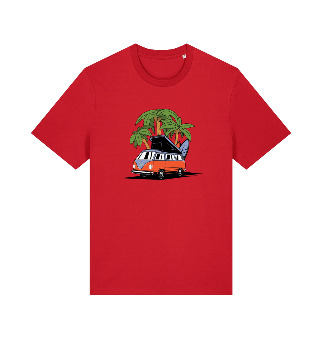 red novelty t-shirt with the graphic of a campervan and a surf board