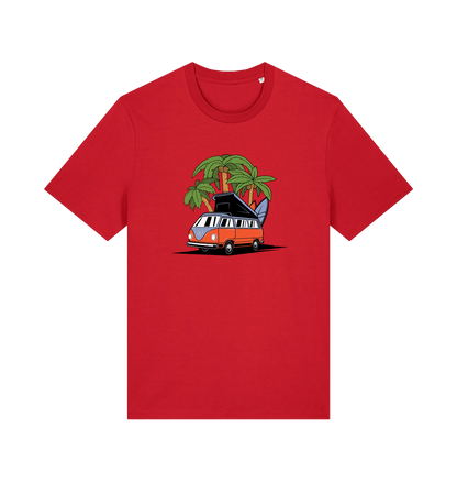 red novelty t-shirt with the graphic of a campervan and a surf board