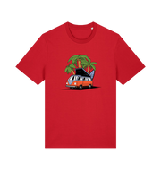 red novelty t-shirt with the graphic of a campervan and a surf board