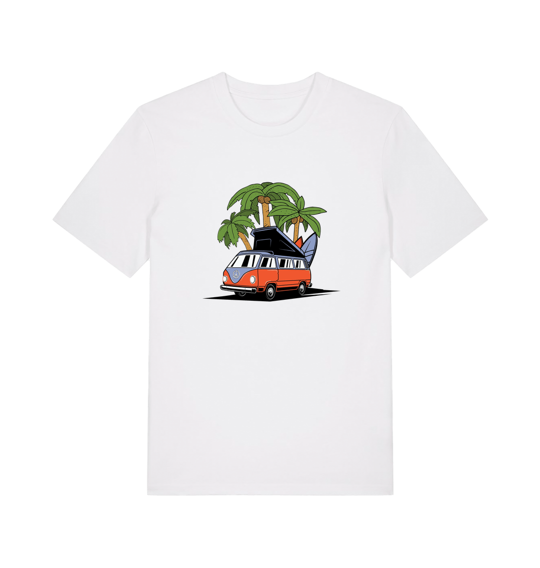 white novelty t-shirt with the graphic of a campervan and a surf board