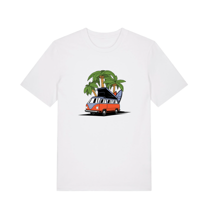 white novelty t-shirt with the graphic of a campervan and a surf board