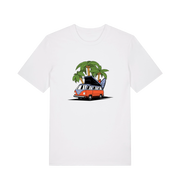 white novelty t-shirt with the graphic of a campervan and a surf board